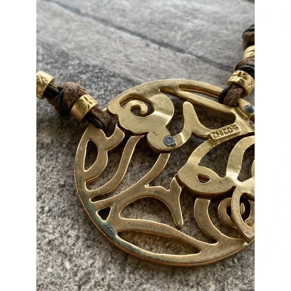 Chico’s Necklace Faux Leather Cord Gold Tone Pendant 18”